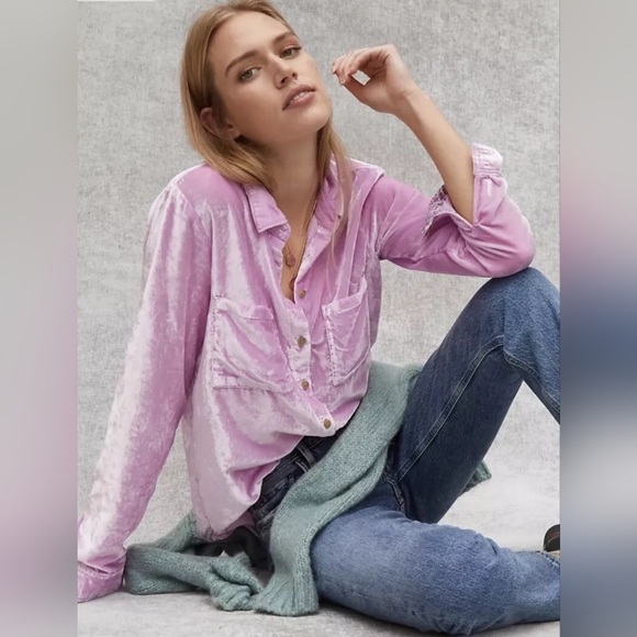Anthropologie Tops - Anthropologie Pilcro Top Pink Lilac Mara Velvet Button Down Long Sleeve size 14